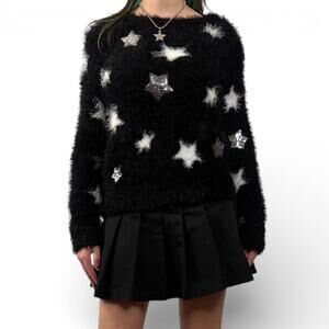 Black And White Silver Fuzzy Stars Pullover Stretchy Sweater Sz M